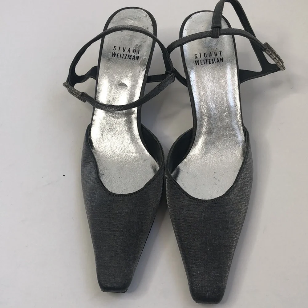 Stuart Weitzman silver metallic pointy square toe kitten heel slingbacks